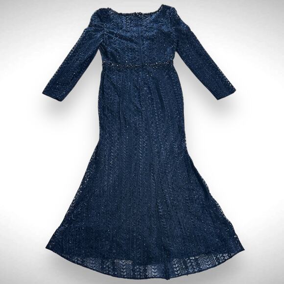 Mac Duggal Embroidered Long Sleeve V Neck Trumpet Gown Dress Sz 10 Midnight Blue - Picture 6 of 14